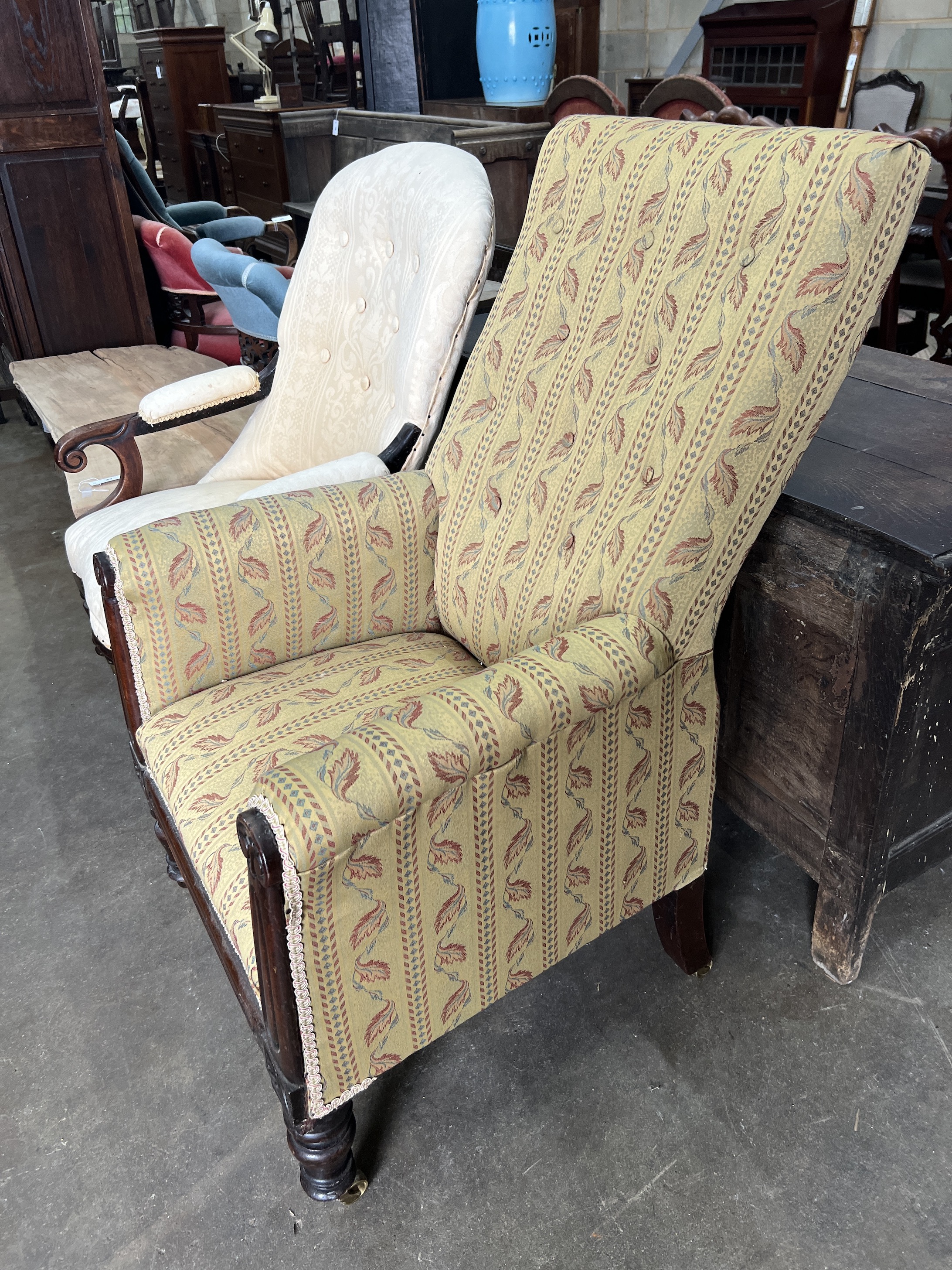 An early Victorian mahogany armchair and a later spoonback open armchair, larger width 66cm, depth 56cm, height 105cm